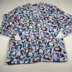 Crest Scrub Jacket‎ Medium White Blue Heart Print Snap Front Ribbed Cuff V-Neck